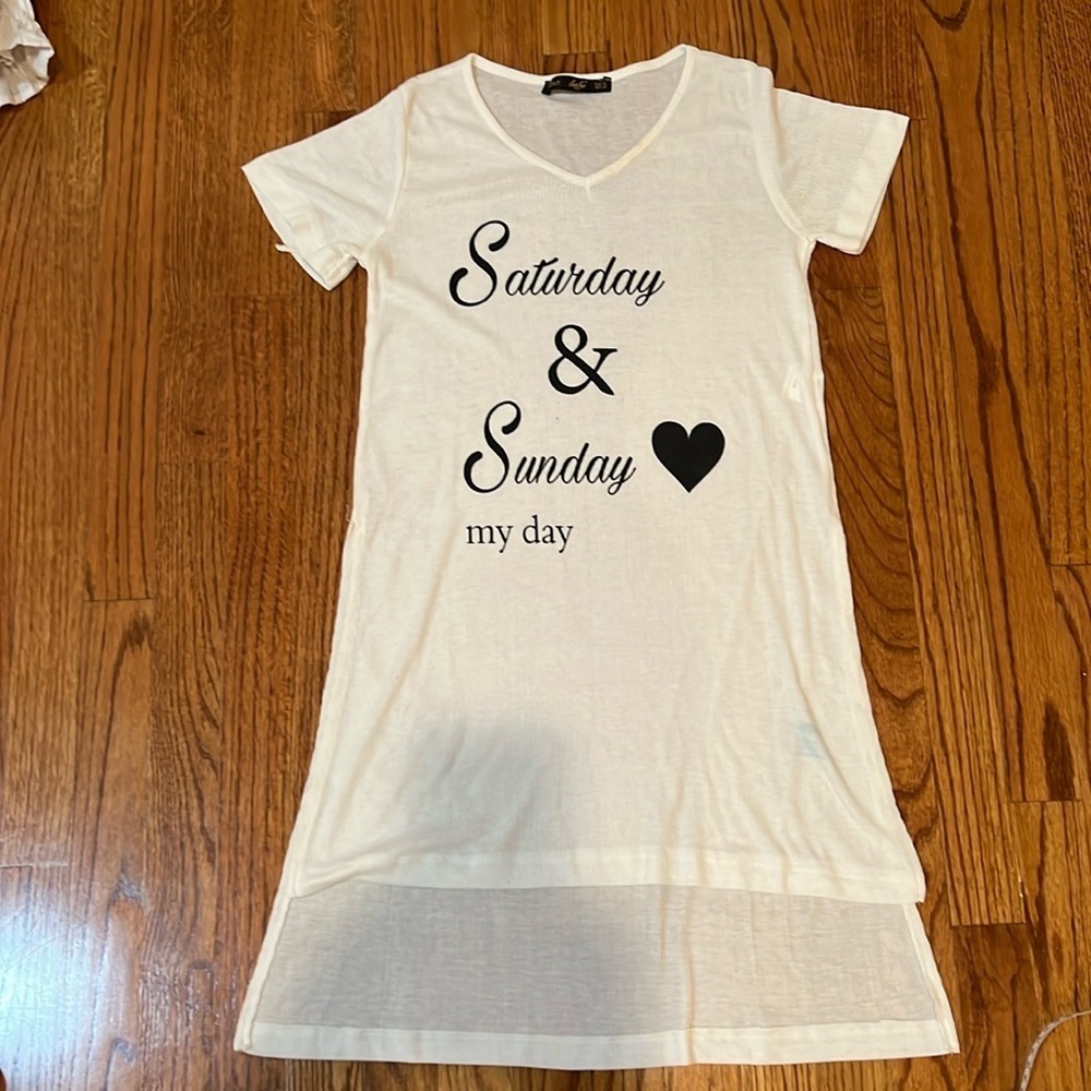 Woman Mini T Shirt Tunic Dress Size M white with black Print Short Sleeve